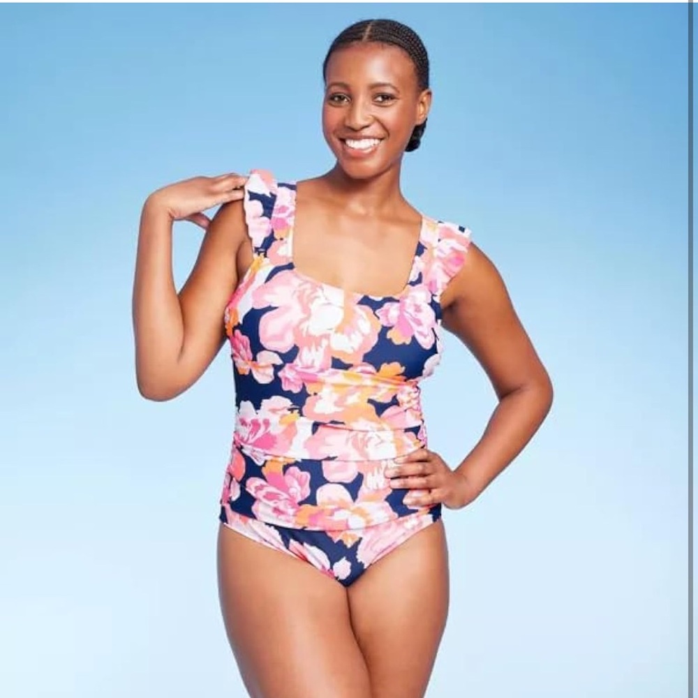 Pink and Orange Floral One Piece Swimsuit with Ruffled Straps